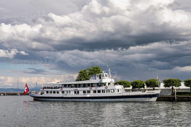 The MS Thurgau passenger ship operated by the Swiss company Lake Constance Schifffahrt in Constance harbour, Constance district, Baden-Württemberg, Germany, Europe