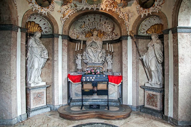 Prayer room of the baptistery, parish church, baroque basilica St. Mang, interior view, Füssen, Ostallgäu, Allgäu, Bavaria, Germany, Europe