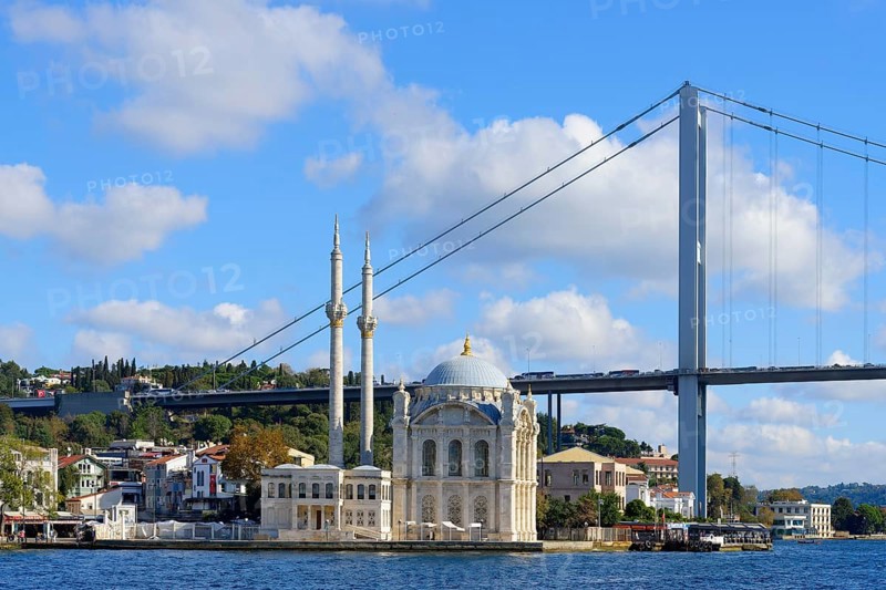 Ortakoy Mosque or Grand Mecidiye Mosque under the Bosphorus Bridge, Besiktas, Istanbul, Turkey, Asia