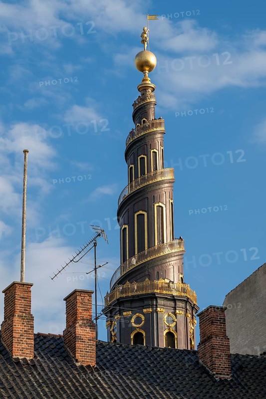 Corkscrew-shaped tower of the Evangelical Lutheran Church of the Saviour, in front of Frelsers Kirke, Christianshavn, Copenhagen, Denmark, Europe