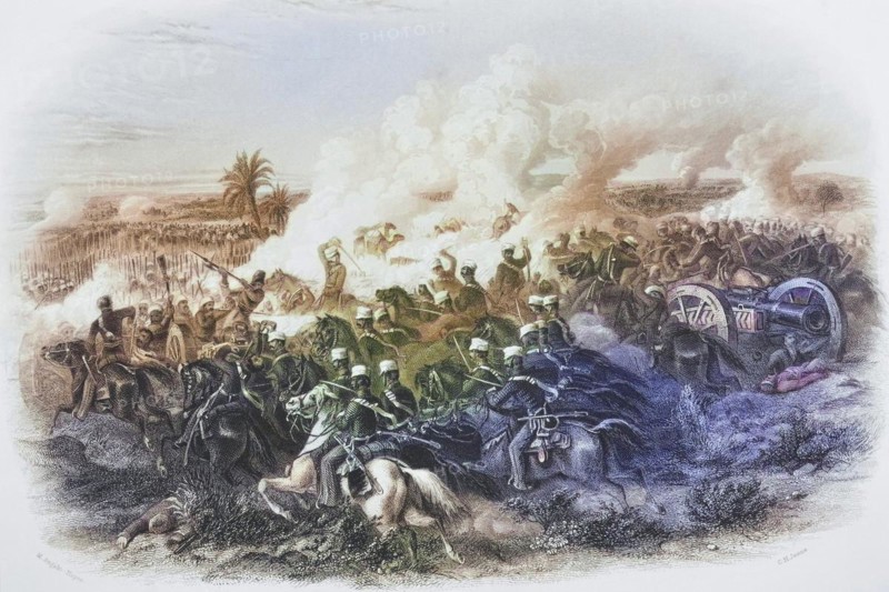 The Battle of Moodkee in India, 1845, Historical, digitally restored reproduction from a 19th century original, Record date not stated