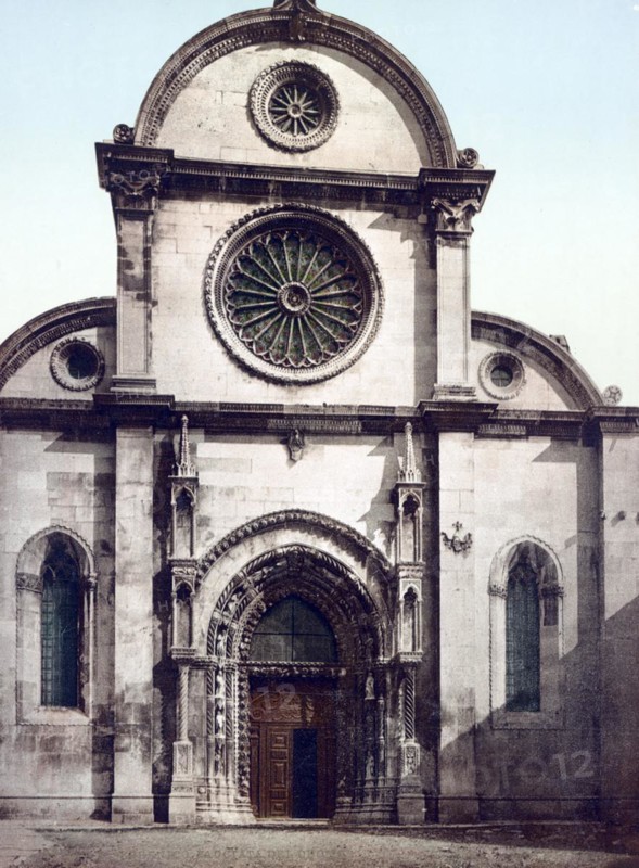 Sedenica. Facciata del Duomo, Cathedral of St James is the most important building in Sibenik in the Croatian county of Sibenik-Knin in Dalmatia, Croatia, around 1890, Historical, digitally restored reproduction from a 19th century model, Europe