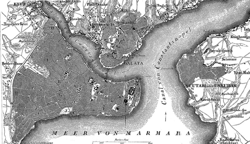 Map of Constantinople, Istanbul, and suburbs and Bosporus, Turkey, in 1880, Historical, digital reproduction of an original from the 19th century, Asia