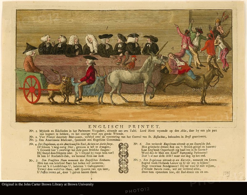 Dutch reaction to the British capture of a Dutch convoy and the island of St Eustatius. The images include, America as a donkey throwing off its rider, Britain as a unicorn being ridden by a French cock, Holland as a lion pulling a cart with an Englishman, Parliament, French sailors dancing to a tune played by an American fiddler, Spain as a goat being ridden by an Englishman, Historic, digitally restored reproduction from a 19th century original, Record date not stated