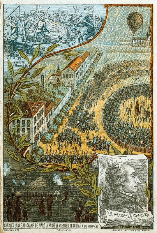 Launch of the first hydrogen-filled (unmanned) balloon from the Champ de Mars, Paris, France, on 17 August 1783 by Jacques Charles and Robert Brothers. It travelled the 25 km to Gonesse, where it was destroyed by frightened farmers. Aviation, Europe