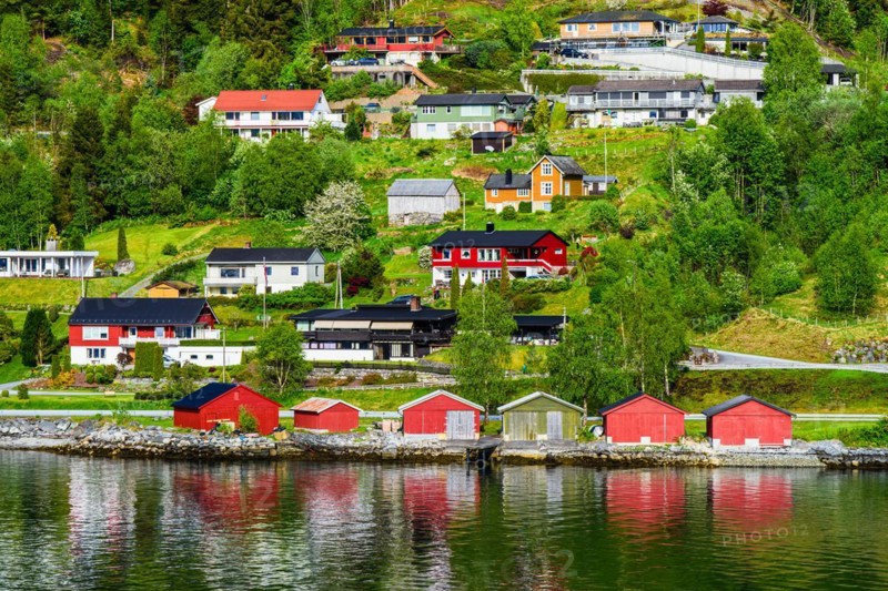 Mountains and Fjord over Norwegian Village, Olden, Innvikfjorden, Norway, Europe