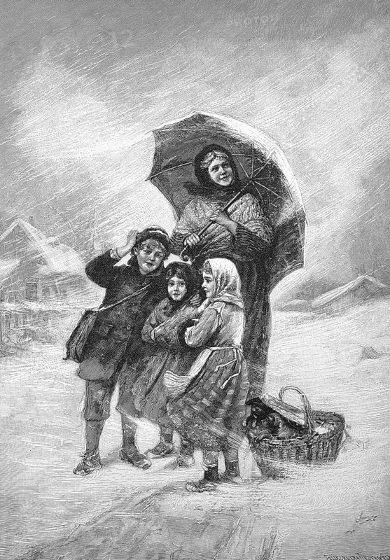The first snow, Mother with three children and a basket with puppies is surprised by the snow in the landscape and tries to protect herself with an umbrella, Historical, digitally restored reproduction from a 19th century original, around 1890, Record date not stated