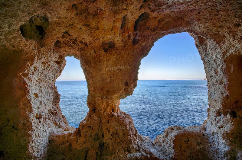 So-called doll's eyes, Algar Seco rock formation, coloured rocks and underground grottos, caves, shell limestone, Carvoeiro, Algarve, Portugal, Europe