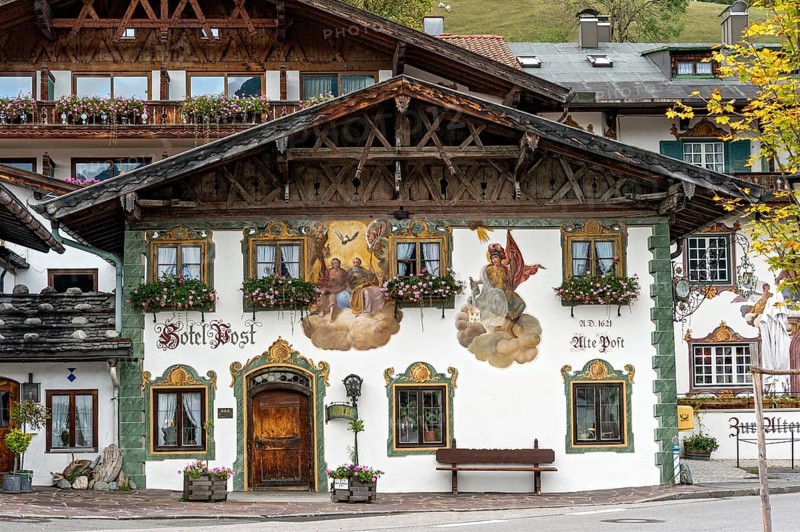 Typical Lüftl painting of the Holy Trinity and St Florian, Hotel and Gasthof Zur Alten Post, Wallgau, Werdenfelser Land, Upper Bavaria, Bavaria, Germany, Europe