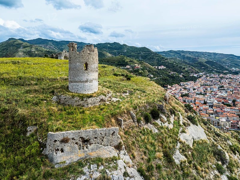 Ruins of the Church of Saint Francis of Assisi and Amantea Castle from a drone, Amantea, Tyrrhenian Sea, Calabria, Italy, Europe