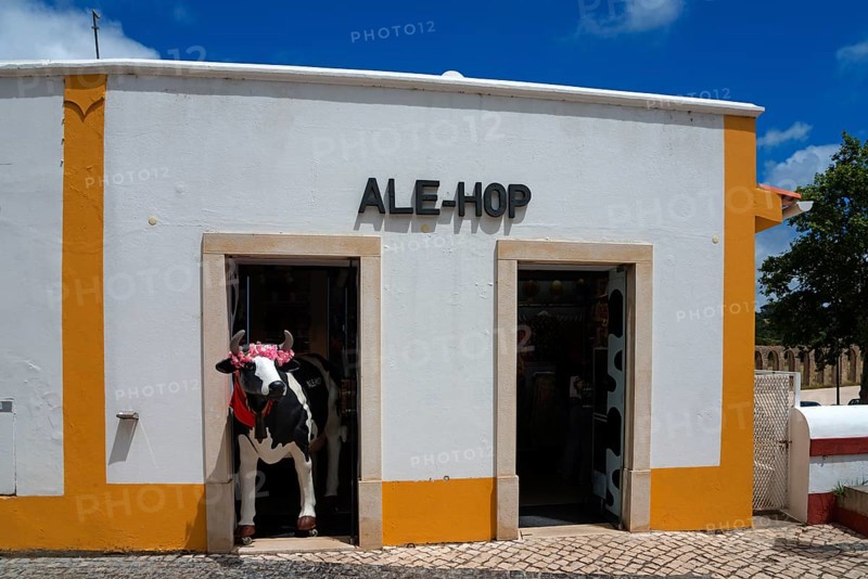 Shop front with eye-catching plastic cow decoration under a blue sky, Óbidos, Obidos, Oeste, Centro, Estremadura, Portugal, Europe