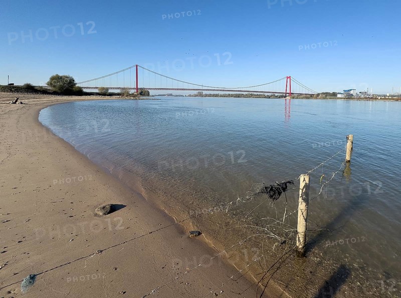 View from the left bank of the Rhine, western bank of the Rhine, of an earth-anchored suspension bridge with two abutments and red steel piers nicknamed the Golden Gate of the Lower Rhine over the River Rhine, with a total length of 1228 metres the longest suspension bridge in Germany, Emmerich, North Rhine-Westphalia, Germany, Europe