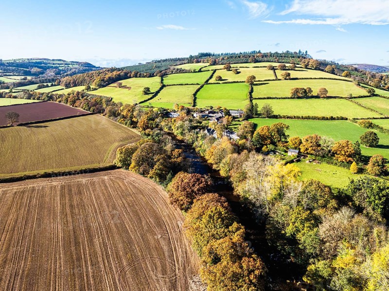 Fields and Farms over River Usk from a drone, Brecon, Brecon Beacons, Powys, Wales, England, United Kingdom, Europe
