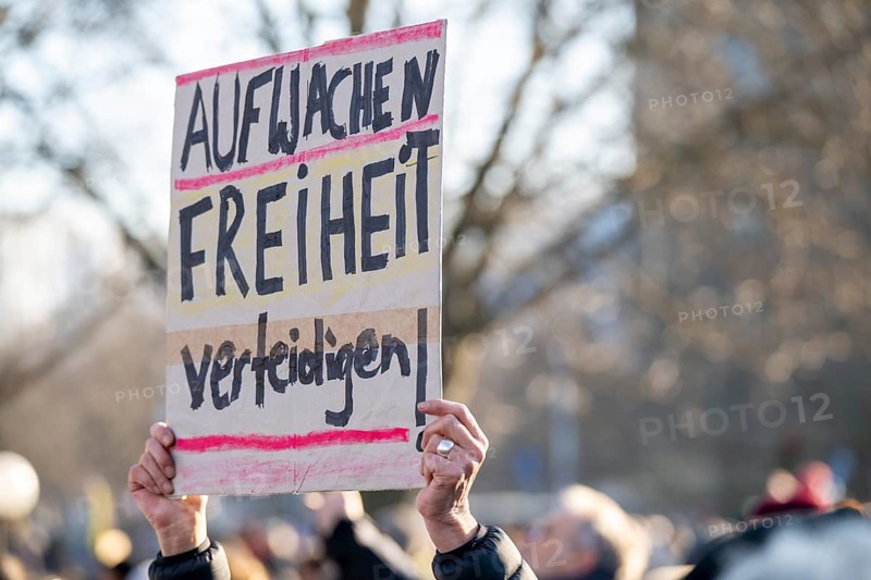 Pictures taken during the demonstration Haltung zeigen! against Nazi deportation plans of the AfD on the Schlossplatz in Stuttgart, 20 January 2024. A sign with the inscription Aufwachen Freiheit verteidigen!
