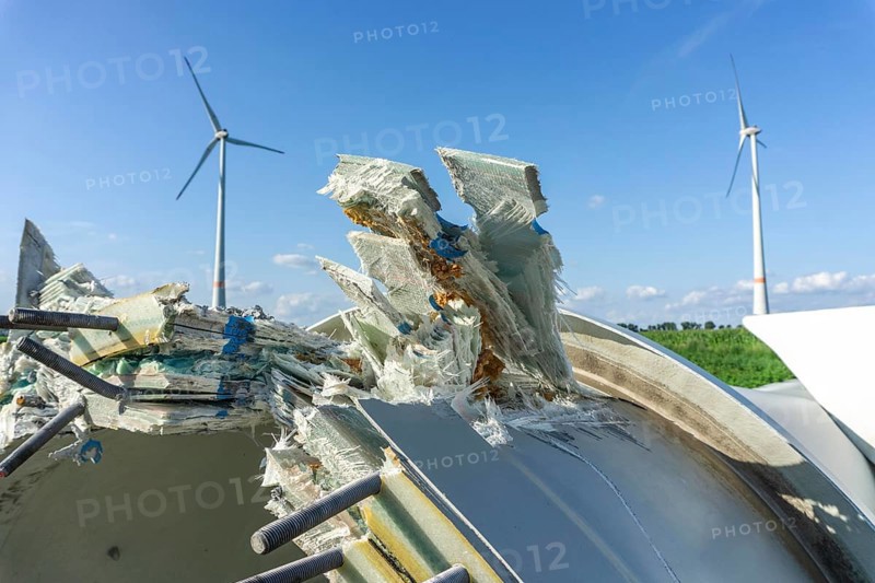 Close-up of a dismantled blade of a 23-year-old wind turbine, it consists of a mix of materials, glass fibre reinforced material, GRP, composites, CFRP, carbon fibres, balsa wood, 90 % of a wind turbine can be fully recycled, a recycling concept for the rotor blades is being worked on, a part is reused in cement production, Germany, Europe