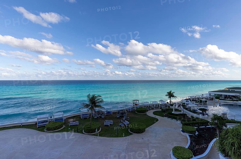 Cancun, Quintana Roo, Mexico, 10 September, 2021: Luxury hotels along Cancun Zona Hotelera and Riviera Maya Hotel Zone with scenic beaches, leisure activities, parties and tourist entertainment, Central America