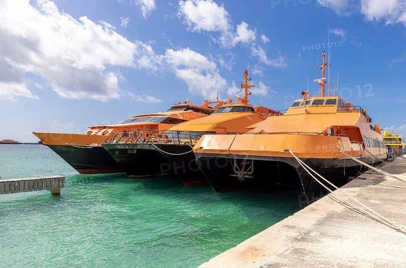 High-speed Cozumel ferry at the terminal of San Miguel de Cozumel waiting for passengers to Playa del Carmen and other tourist destinations