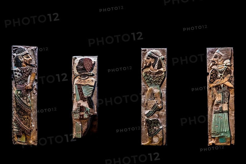 Faience tiles with foreign prisoners from the exhibition: Ramses the Great and the Gold of the Pharaohs, Cologne, North Rhine-Westphalia, Germany, Europe