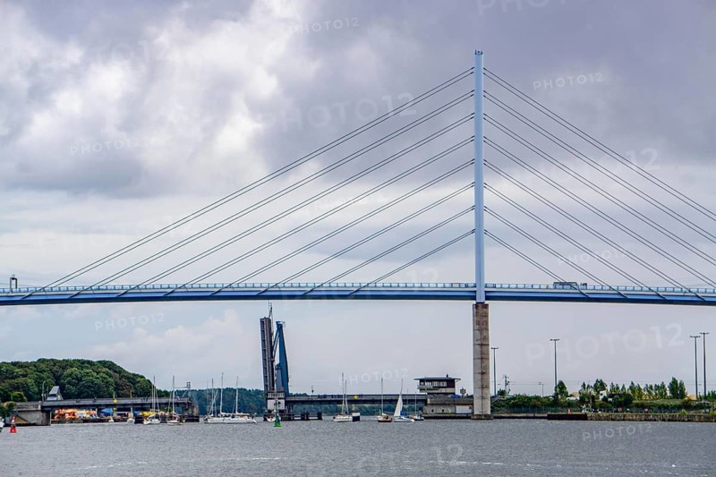 The Rügen Bridge near the Hanseatic city and UNESCO World Heritage Site, Stralsund, behind the open Ziegelgraben Bridge, Mecklenburg-Western Pomerania, Germany, Europe