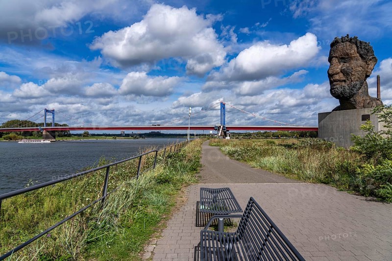 The Friedrich Ebert Bridge over the Rhine between Ruhort and Homberg, Mercator Island, sculpture Echo of Poseidon, by Markus Lüpertz, Duisburg, North Rhine-Westphalia, Germany, Europe