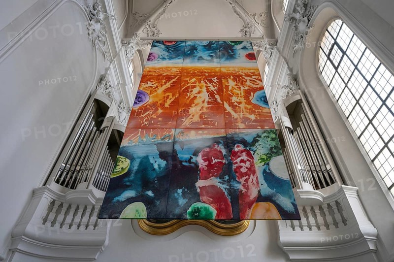 Luminous altarpiece by the painter Jacques Gassmann, Heavenly Jerusalem created in 2011, chancel of the Augustinian Church, Dominikanerplatz, Würzburg, Lower Franconia, Bavaria, Germany, Europe