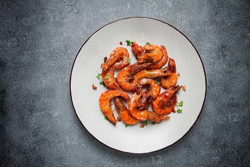 Fried tiger prawns, with spices, homemade, top view