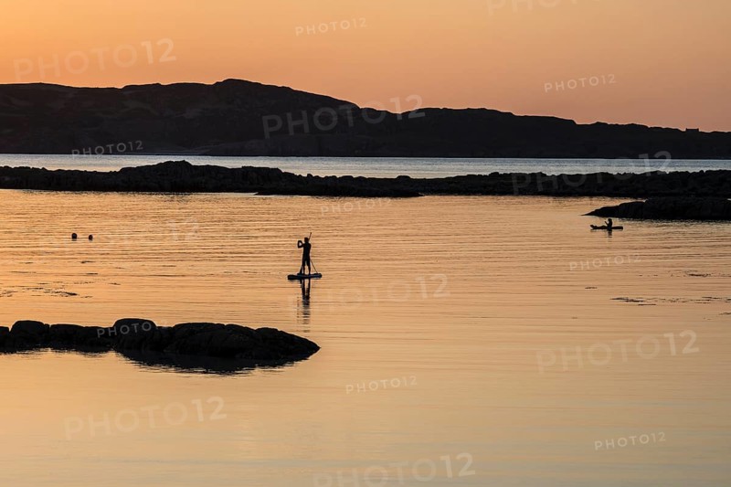 Stand up paddling, Sup, sunset, coast at Fidden, Isle of Mull, Scotland, United Kingdom, Europe