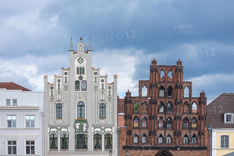 Two house gables from different stylistic periods, Art Nouveau around 1900 and Gothic, Wismar, Mecklenburg-Vorpommern, Germany, Europe