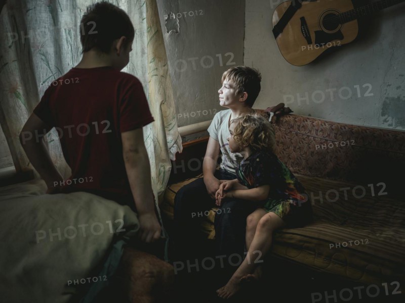 Sasha, 9 years old, Dima, 12 years old and Nastya, 5 years old. They live in the village of Borshchivka, which was occupied by the Russian army for over six months. They suffer from anxiety disorders, the front is only a few kilometres away as the crow flies, Borshchivka, Raion Isyum, Kharkiv Oblast, Ukraine, Europe