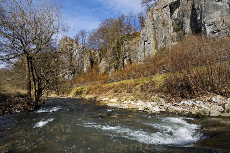 The river Hönne in front of the seven virgins in spring, Hönnetal, Balve, Märkisches Sauerland, North Rhine-Westphalia, Germany, Europe
