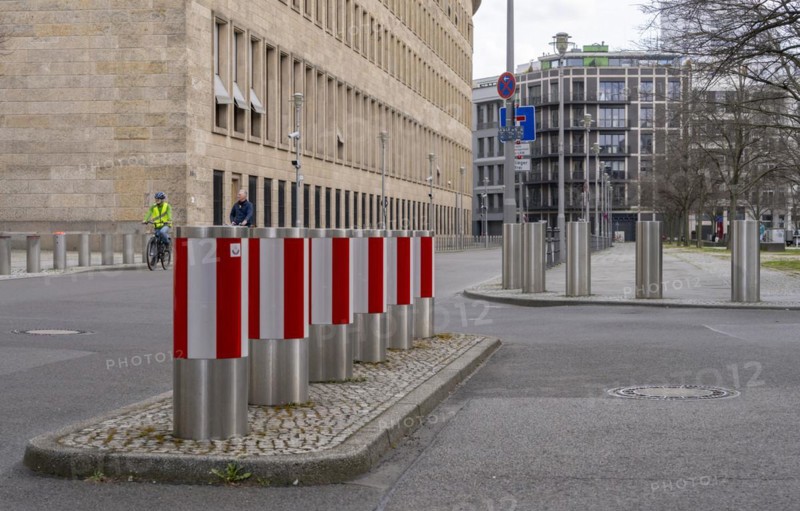 Bollards at the security area, Federal Foreign Office, entrance to the underground car park, Berlin, Germany, Europe