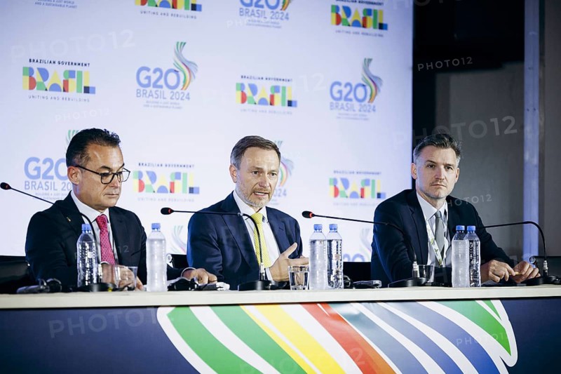 Christian Lindner (FDP), Federal Minister of Finance, and Joachim Nagel, President of the Deutsche Federal Bank, give a press conference at the G20, G7 Finance Ministers and Central Bank Governors Summit 2024, in Sao Paulo, 29 February 2024. Photographed on behalf of the Federal Ministry of Finance (BMF)