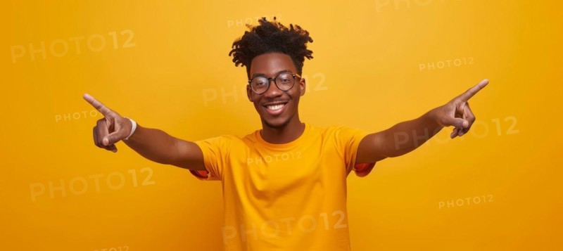 Young attractive black male pointing finger at copy space. Promo and advertisement discount concept, AI generated