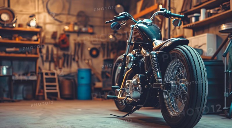 Retro stylish vintage bike in repair garage, AI generated