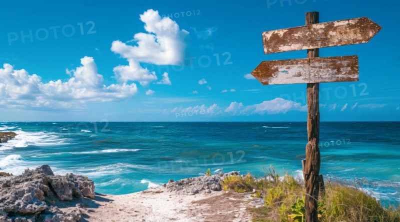 Sign pointing to the direction of vacation destination with scenic beach and ocean, AI generated