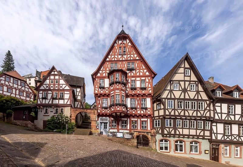 Miltenberg market square with magnificent half-timbered houses, Schnatterloch. The ensemble is one of the most photographed motifs in Germany, postcard motif. Miltenberg, Lower Franconia, Bavaria, Germany, Europe
