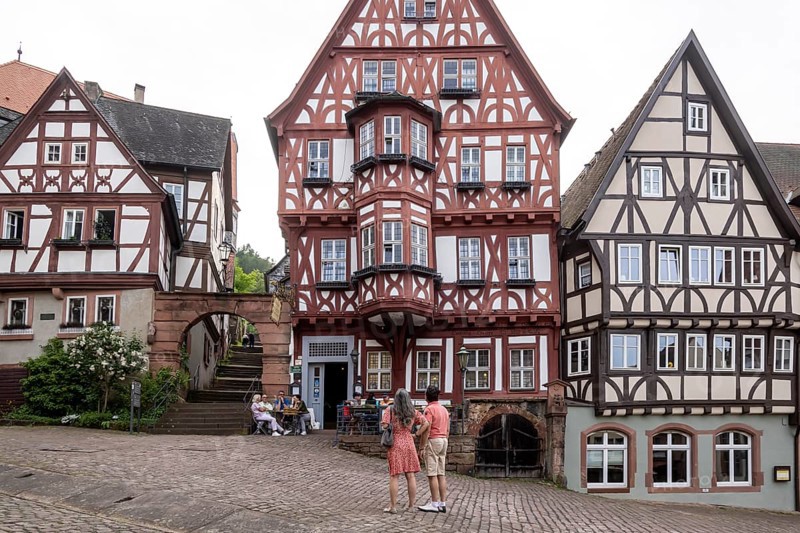 Miltenberg market square with magnificent half-timbered houses, Schnatterloch. The ensemble is one of the most photographed motifs in Germany, postcard motif. Miltenberg, Lower Franconia, Bavaria, Germany, Europe