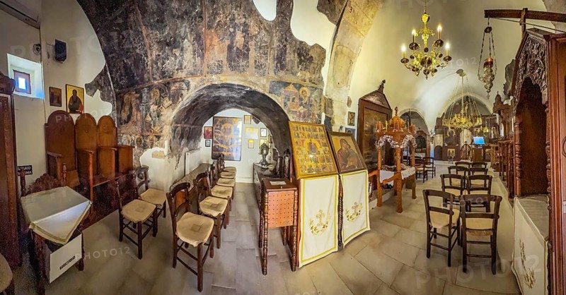 Panoramic view of the interior of the two-nave monastery church dedicated to the Assumption of the Virgin Mary and the Apostles Peter and Paul, Unesco Site Orthodox Greek Orthodox Monastery of Moni Odigitria, Festos, Crete, Greece, Europe