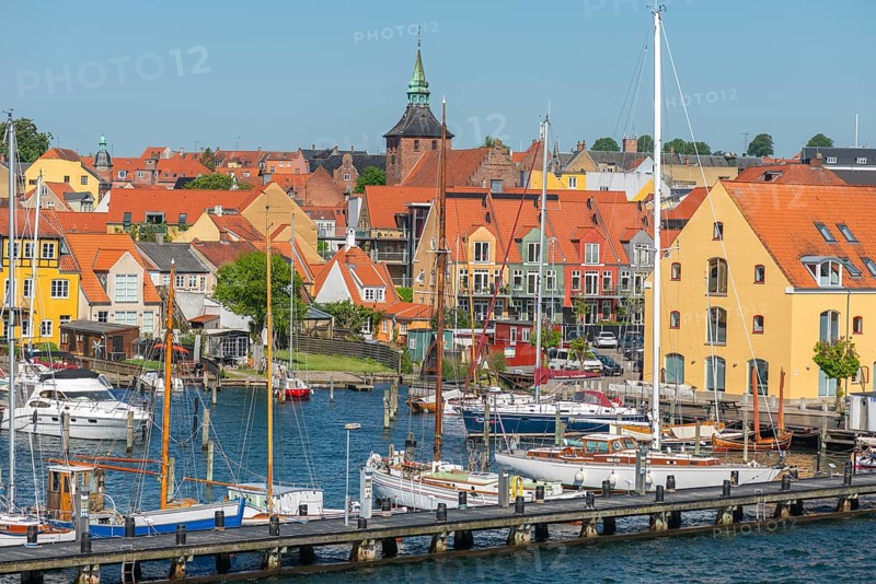 Maritime Svendborg, cityscape, museum harbour, historic sailing ships, wooden boats, Vor Freu Kirke, Church of Our Lady, Great Belt, Baltic Sea, Fyn, Fyn Island, Denmark, Europe