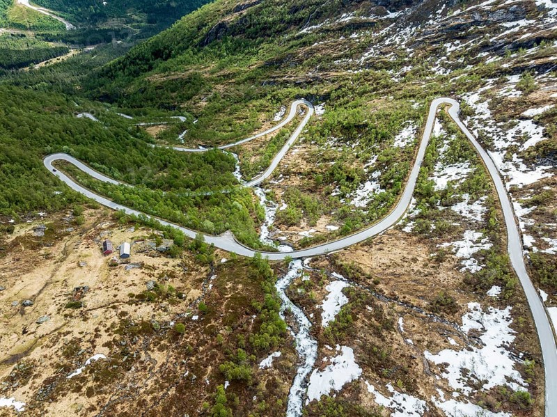 Serpentines of the Gaularfjell mountain crossing, aerial view, national tourist route north of Balestrand, Norway, Europe