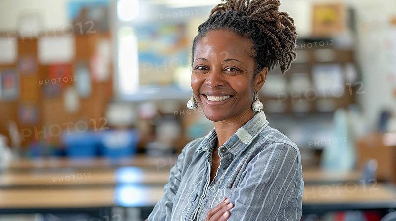 Proud smiling african american female teacher standing in her classroom. generative AI, AI generated