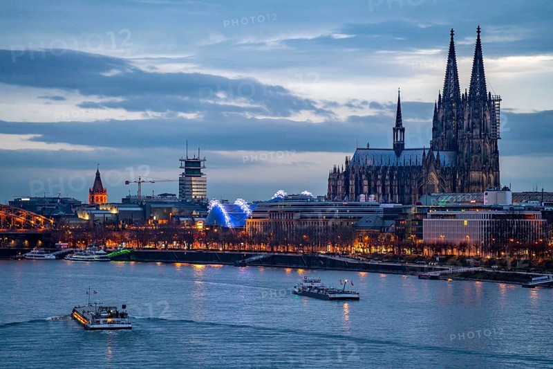 Skyline of Cologne, with the cathedral, Musical Dome theatre, on the Rhine, North Rhine-Westphalia, Germany, Europe