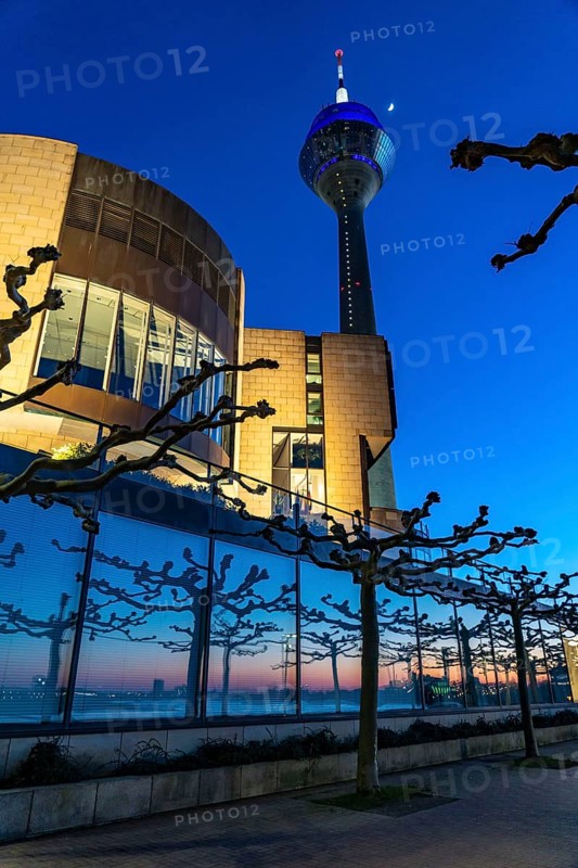 Rhine Tower, evening, state parliament building, North Rhine-Westphalia state parliament, sunset reflected in the building, bare trees in spring, Düsseldorf, North Rhine-Westphalia, Germany, Europe