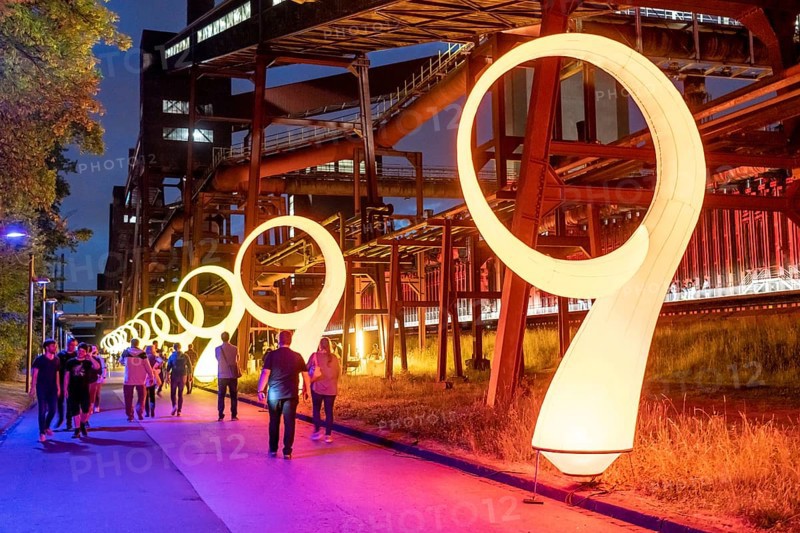 Extraschicht, Night of Industrial Culture, music, action, attractions, culture, art, show at 43 venues in 23 cities, at former industrial sites in the Ruhr area, here light installations at the coking plant of the Zollverein Coal Mine Industrial Complex in Essen North Rhine-Westphalia, Germany, Europe