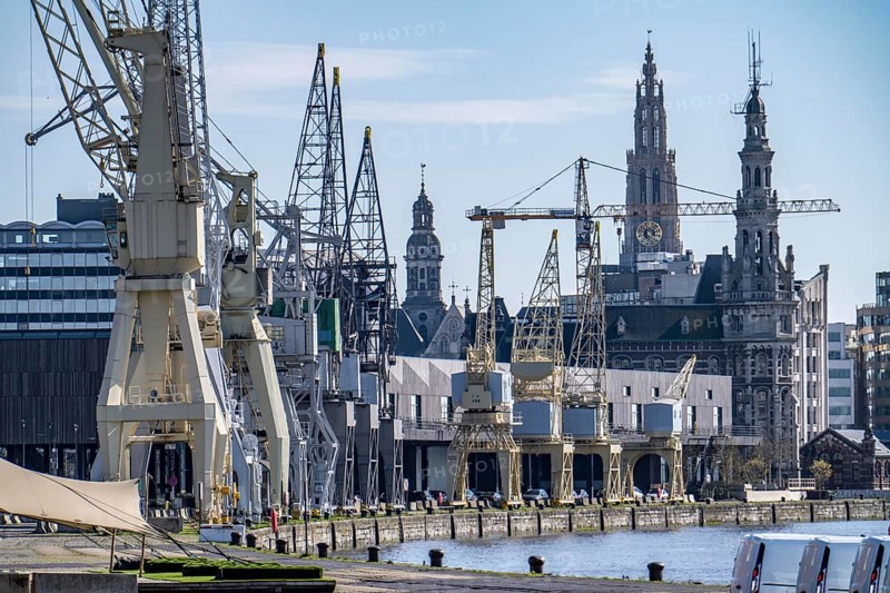 Harbour cranes on the Scheldekai, the world's largest collection of historic cranes, are part of the MAS, Museum aan de Stroom, Museum am Strom, Bonapartdok, in the Old Harbour Quarter, Het Eilandje of Antwerp, Flanders, Belgium, Europe
