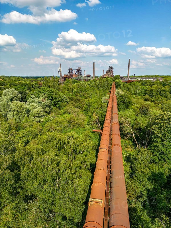 The Duisburg Nord Landscape Park, double blast furnace gas pipeline from the west View across the wilderness, a park area where nature is left to its own devices, to the steelworks, North Rhine-Westphalia, Germany, Europe