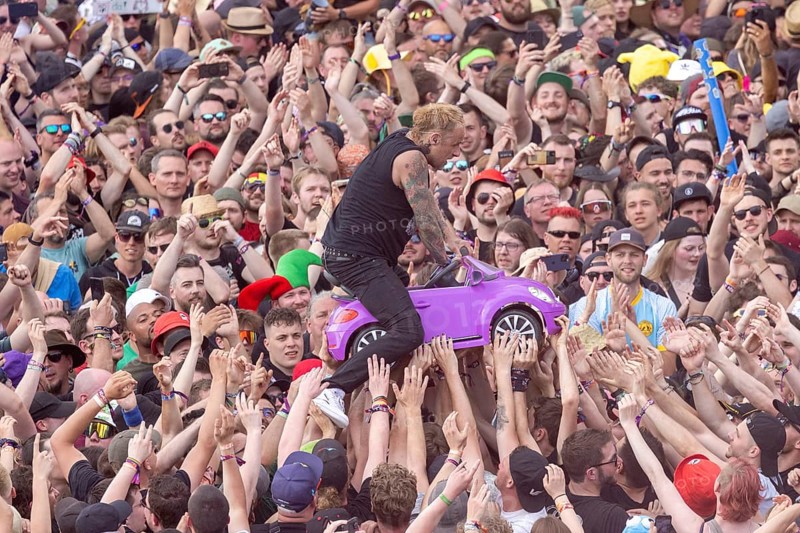 Adenau, Germany, 8 June 2024: Ingo Knollmann from the Donots crowdsurfing at Rock am Ring. The festival takes place at the Nürburgring race track near the town of Adenau from 7 to 9 June 2024, Europe