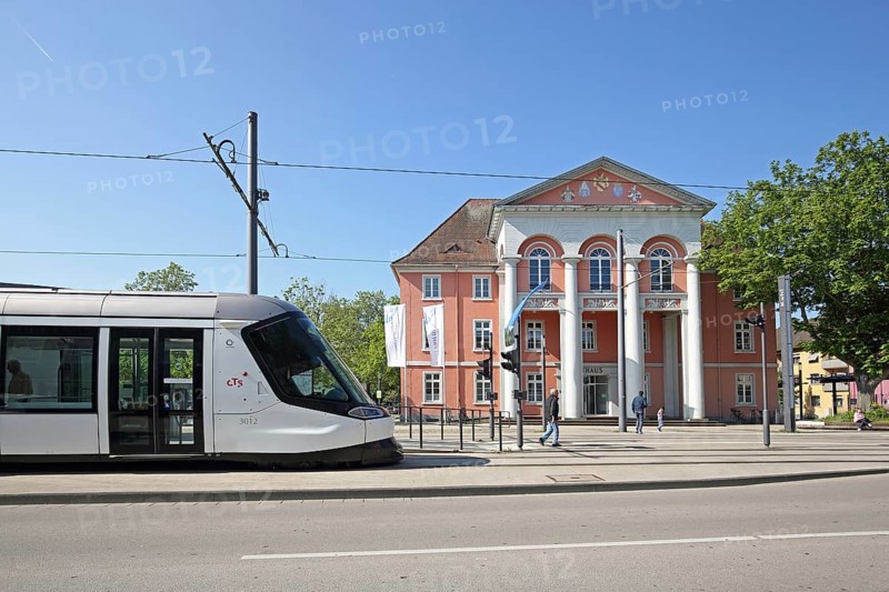 Neoclassicism town hall built in 1910 and tram, tram stop, people, public transport, town hall square, Kehl, Ortenau, Baden-Württemberg, Germany, Europe
