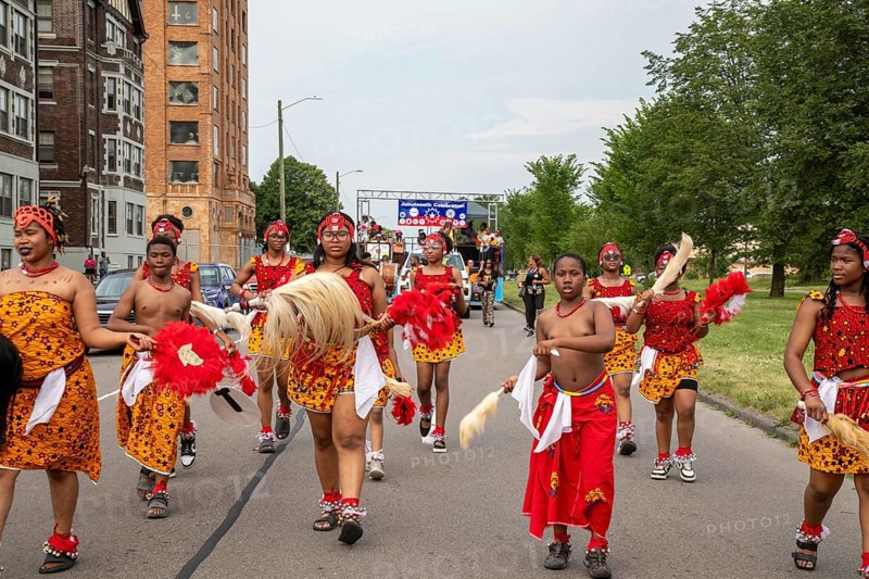 Detroit, Michigan, 19 June 2024, An African dance troupe in a Juneteenth parade from Northwestern High School