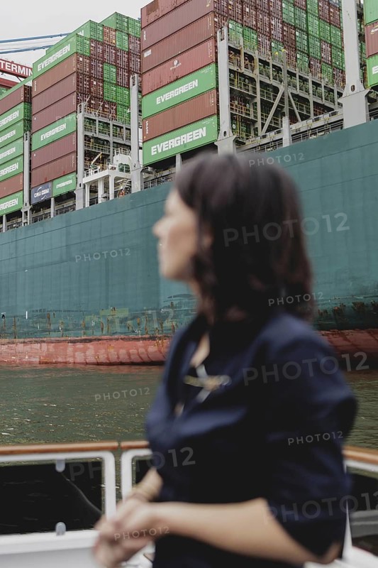Annalena Bärbock (Bündnis 90/Die Grünen), Federal Foreign Minister, photographed during a boat trip through the port of Hamburg on the barge 'Diplomat' during the Foreign Minister's trip to Germany in Hamburg, 26 July 2024. /